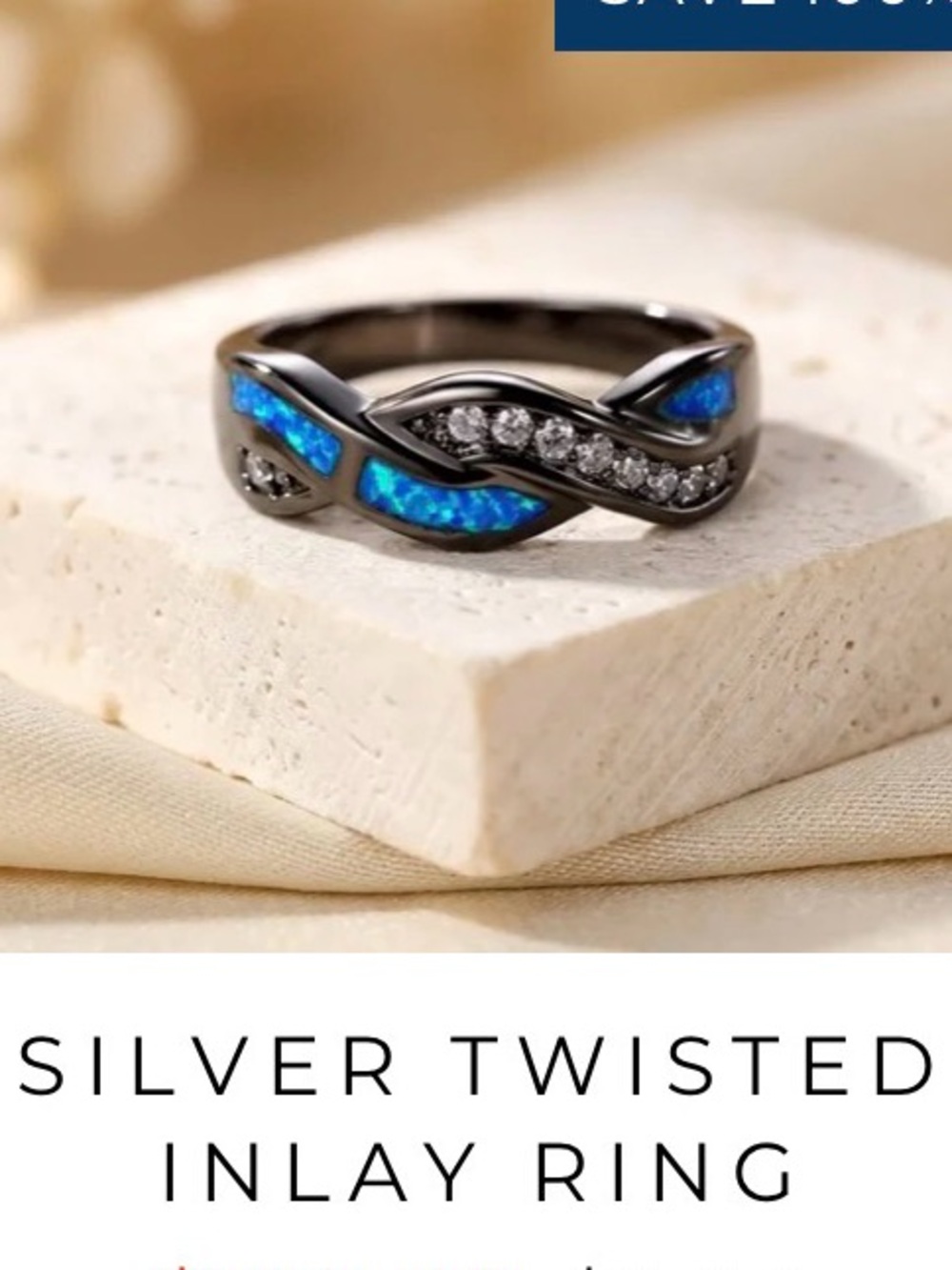 Silver Twisted Inlay Ring with Blue Opal and CZ Accents